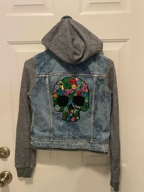 Blue Denim Hooded Jacket with Gray Sleeves and Candy Skull Patch